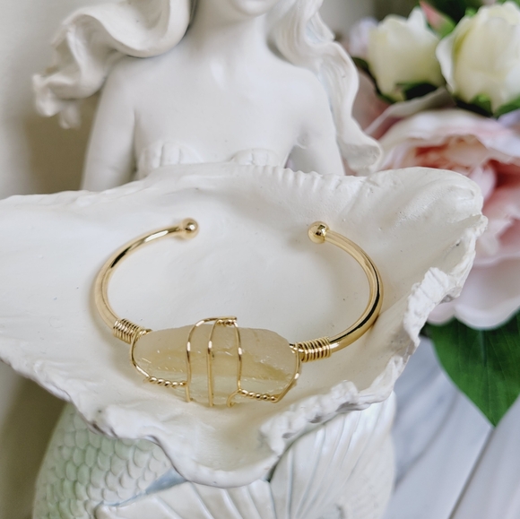 100% Citron Crystal Gemstone Bangle Bracelet Wire Wrapped Gold Tone Nwt - Picture 6 of 6